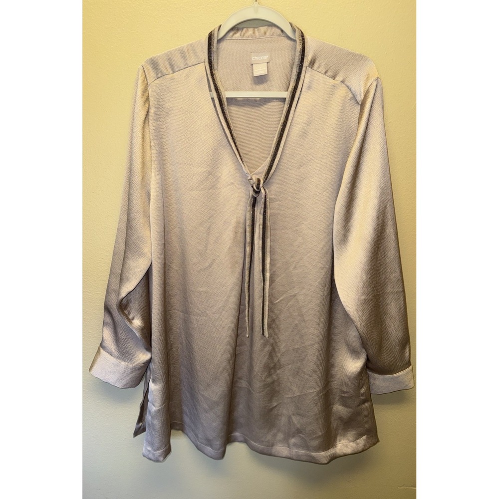 Chico's Blouse Tunic Champagne Textured Jeweled Trim Long Sleeve Top SZ 3 16/18